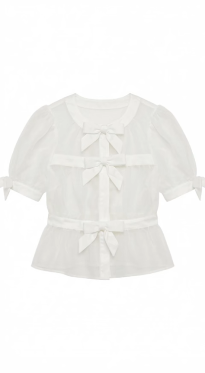 Sweet Bow Mesh Sheer Blouses