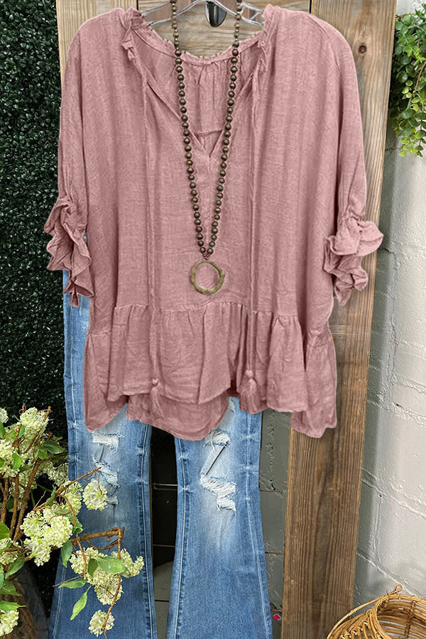 Casual Loose Linen Ruffle Sleeve Top