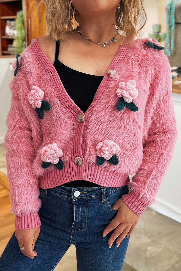 Plush 3D Flower Short Cardigan
