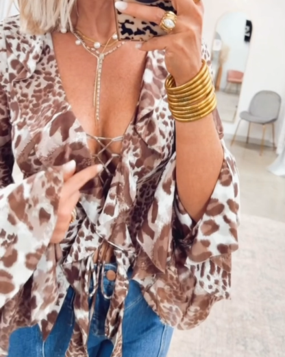 Hippie-Style Leopard Print Ruffled Tie-Up Top