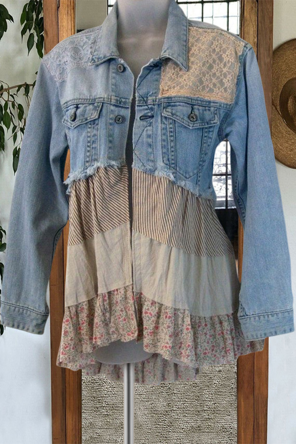 Pastoral Style Floral Patchwork Denim Jacket