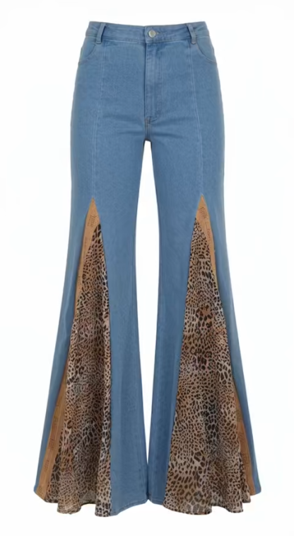 Classic Leopard Print Patchwork Denim Flare Pants