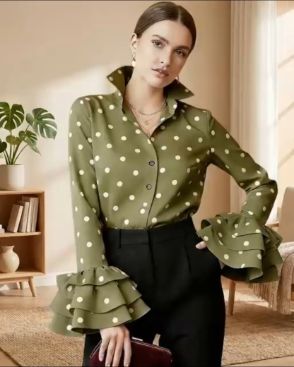 Classic Polka Dot Layered Ruffle Sleeve Shirt