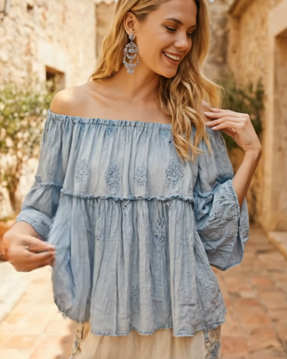 Denim-Style Embroidered Elastic Round Neck Top