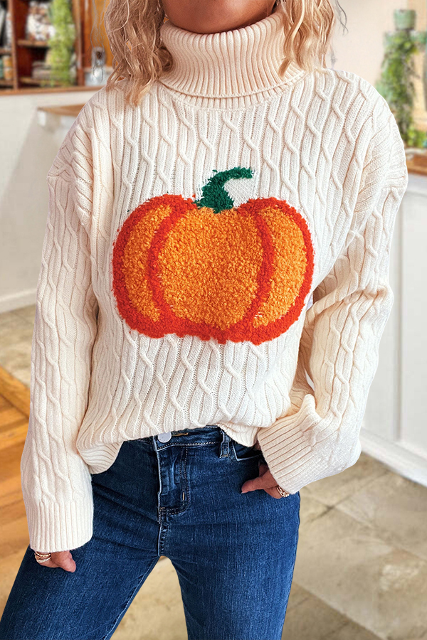 Halloween Pumpkin Towel Embroidery Turtleneck Cable Sweater