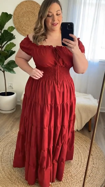 Vintage Ruffled Drawstring Maxi Dress