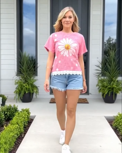 Cute Cotton Textured Daisy Lace Top