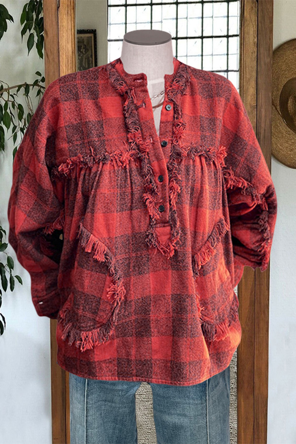 Vintage Frayed Paneled Plaid Button Top