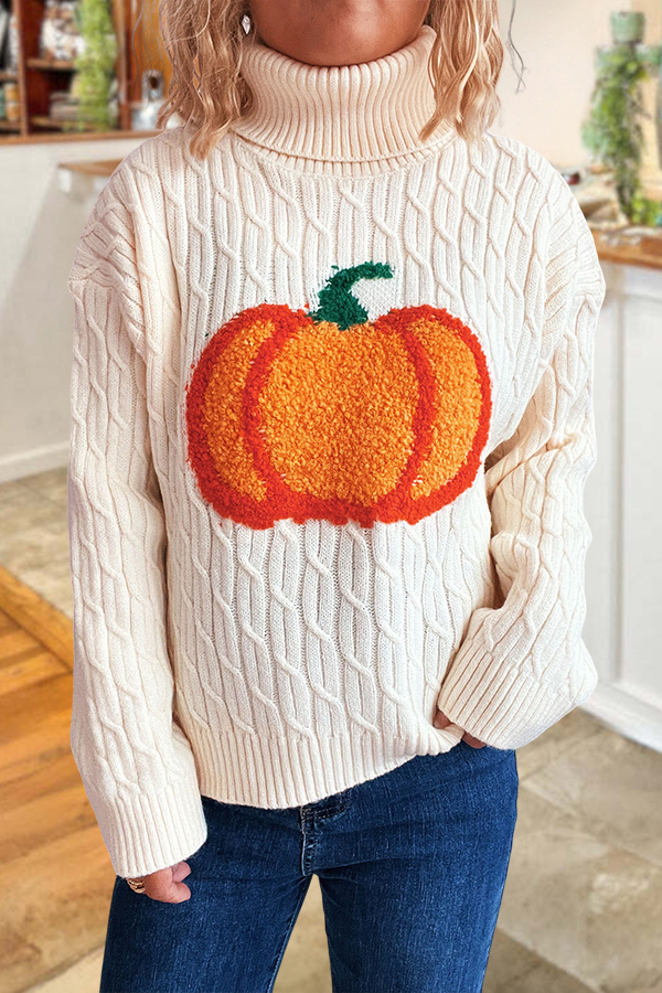 Halloween Pumpkin Towel Embroidery Turtleneck Cable Sweater