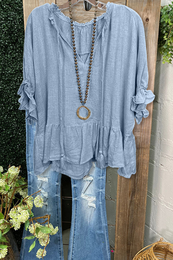 Casual Loose Linen Ruffle Sleeve Top