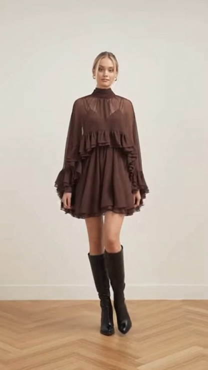 Elegant Sheer Chiffon Ruffle Dress And Shawl Two-Piece Set