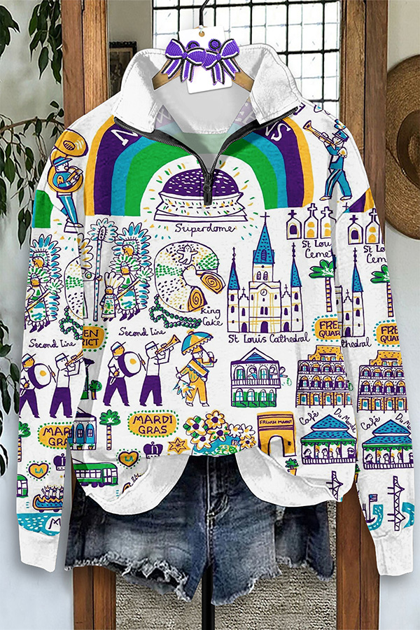 Vintage Mardi Gras Print Zip-Up Sweatshirt