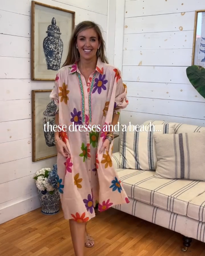Cute Colorful Floral Beach Linen Shirt Dress