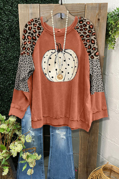Casual Pumpkin Print Paneled Leopard Sweatshirt