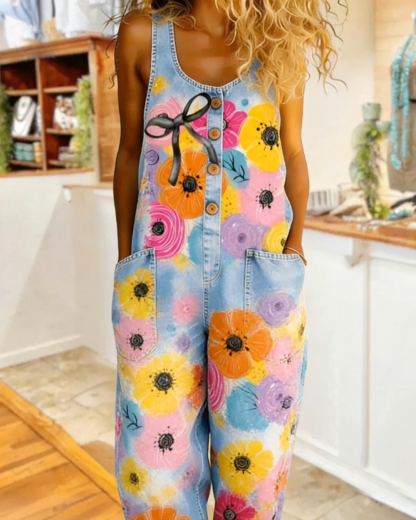 Cute Floral Bow Washed Cotton Denim Overalls