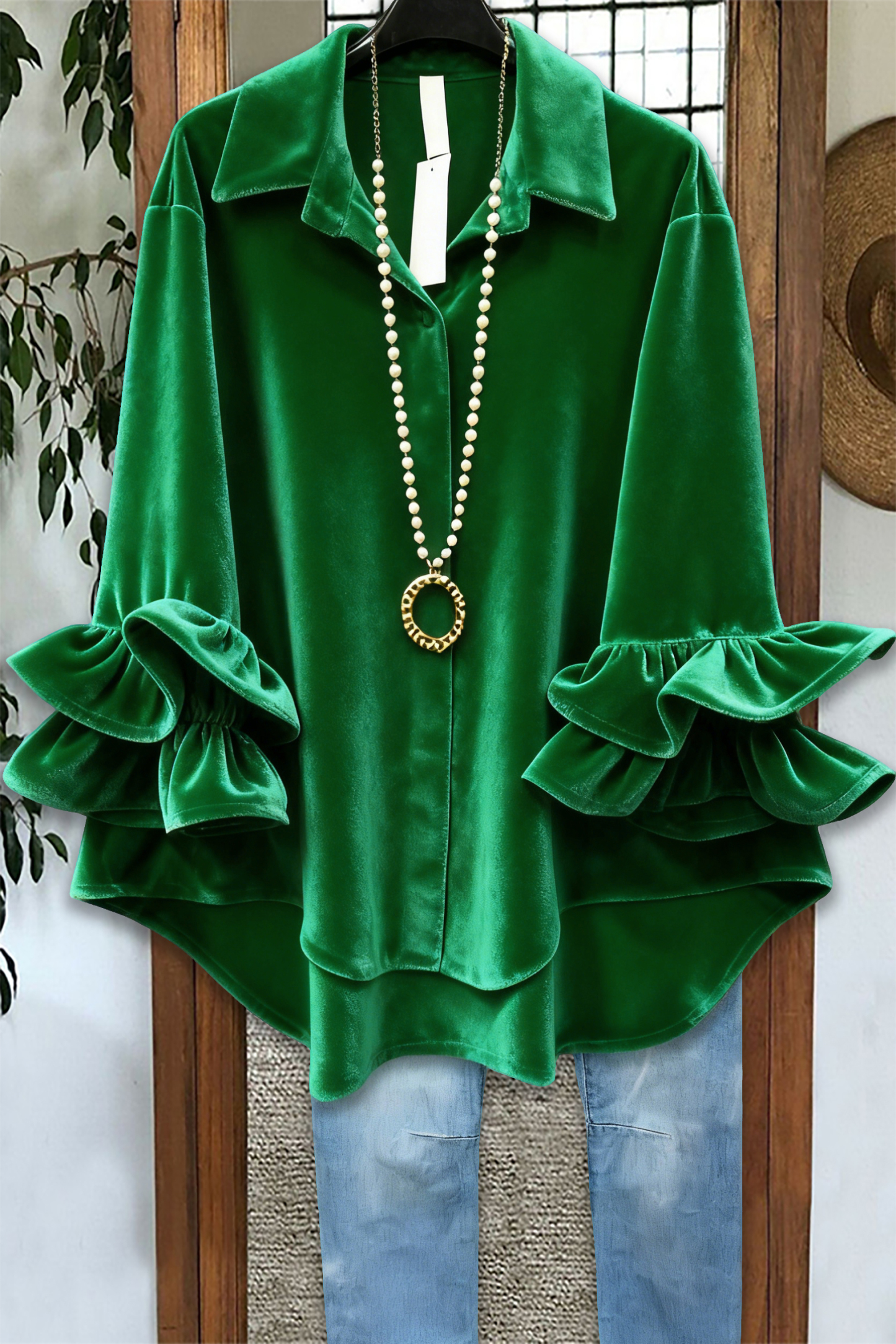 Classic Christmas Ruffle Velvet Blouse