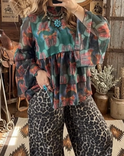 Flowy Turquoise Butterfly-Patterned Ruffle Sleeve Shirt