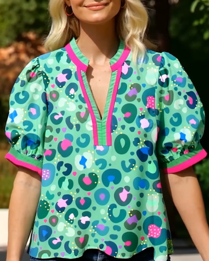 Colorful Leopard Print Patchwork V-Neck Shirt