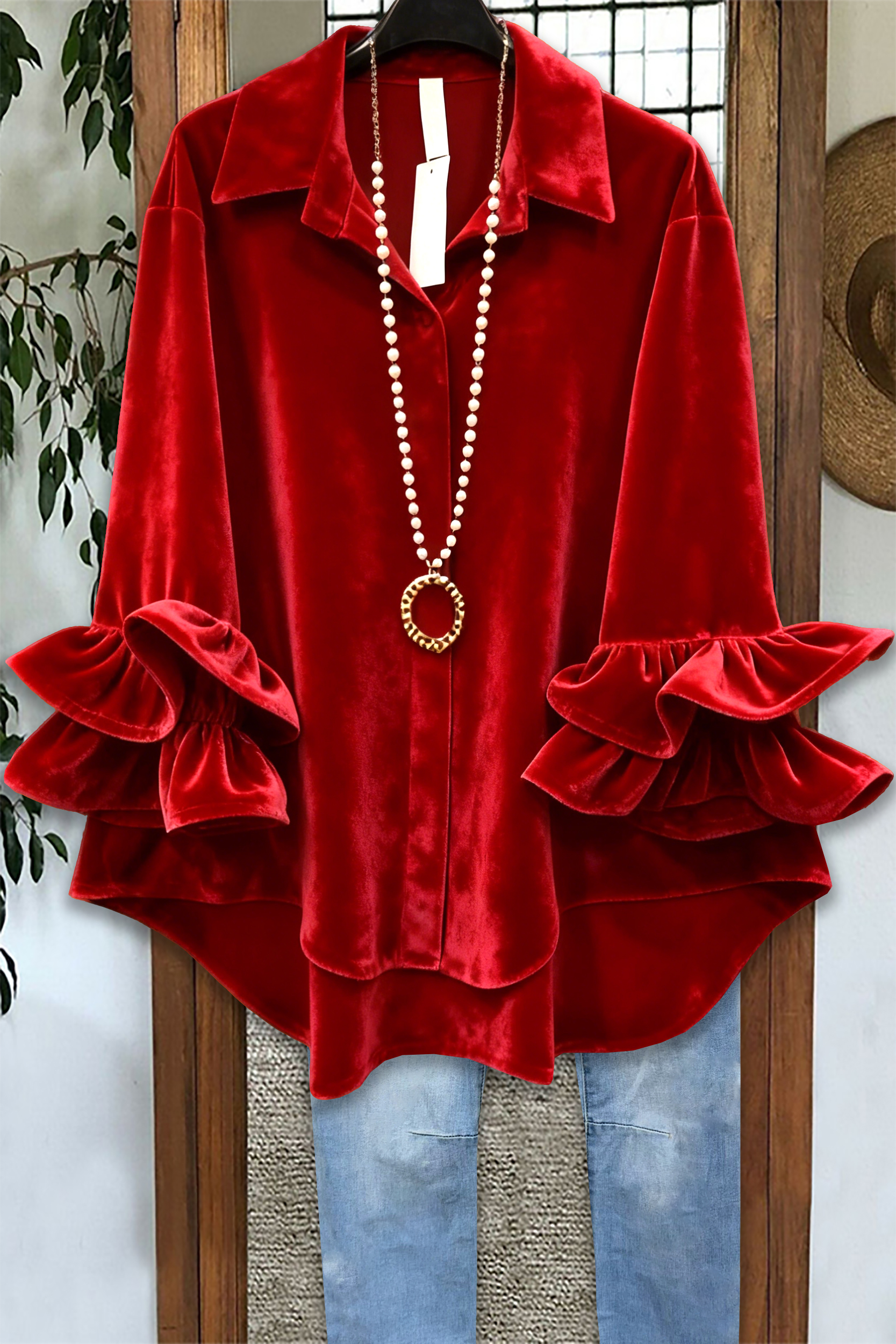 Classic Christmas Ruffle Velvet Blouse