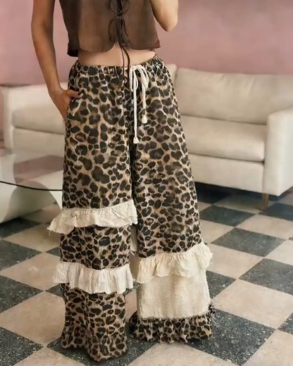 Retro Leopard Print Ruffled Drawstring Wide-Leg Pants