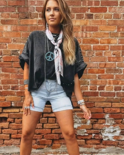 Western Washed Cotton Studded Batwing Sleeve Top