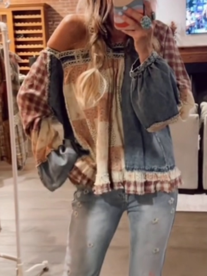 Country-Style Denim Floral Patchwork Square-Neck Top