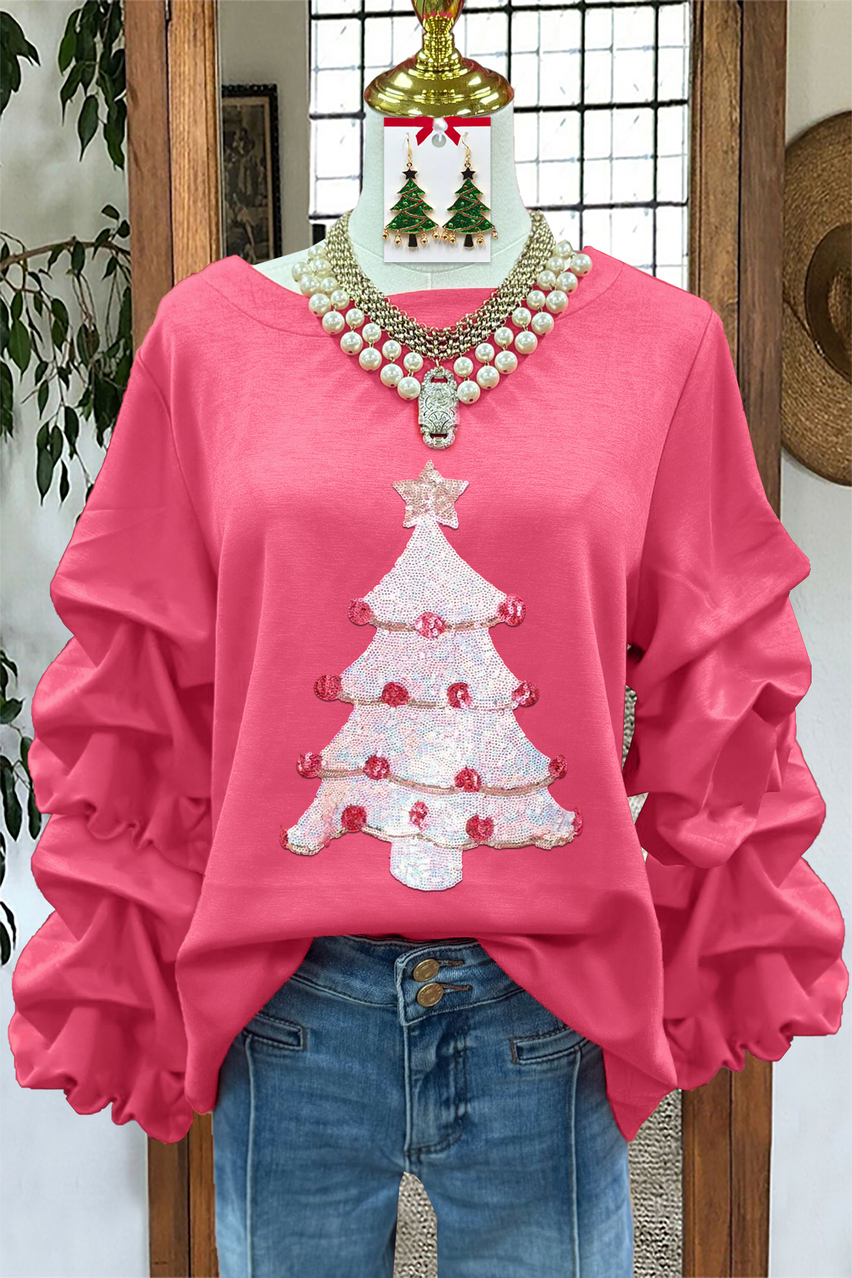 Sweet Christmas Tree Sequined Pleated Sweatshirt