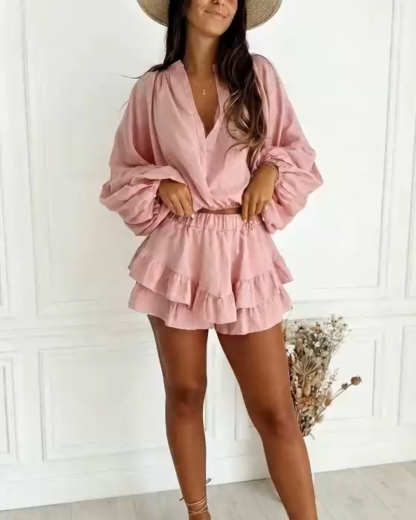 Bohemian Cotton Linen Ruffled Shorts And Top Two-Piece Set