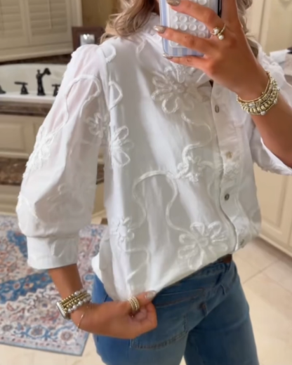 Elegant Floral Textured Ruffled Mid-Sleeves Blouse