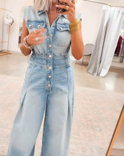 Vintage Denim Washed Button Down Jumpsuit