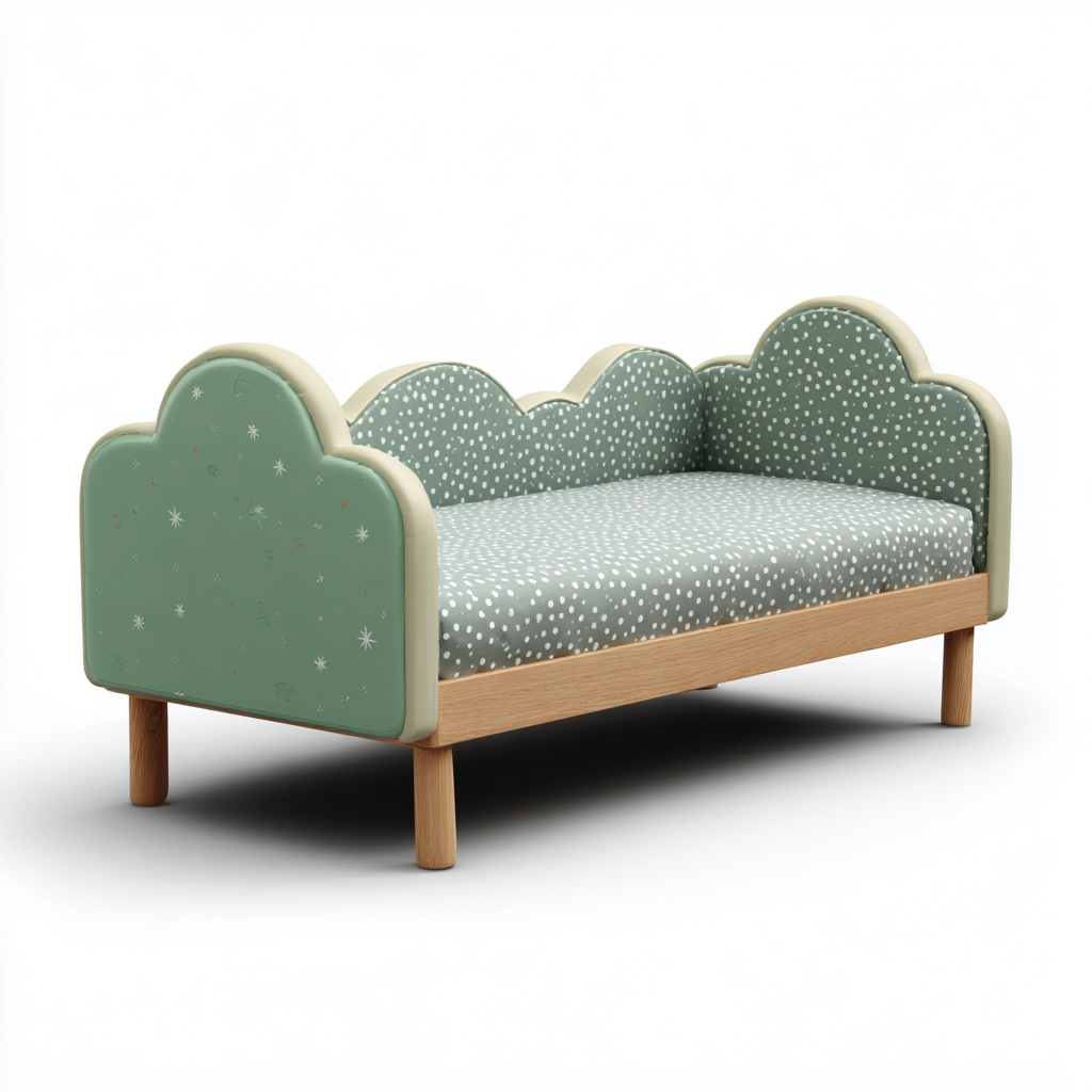 Letto per bambini con bordi ondulati 190x90x100 cm - verde menta-bianco - con testata a forma di nuvola e piedini in legno naturale-Houseure