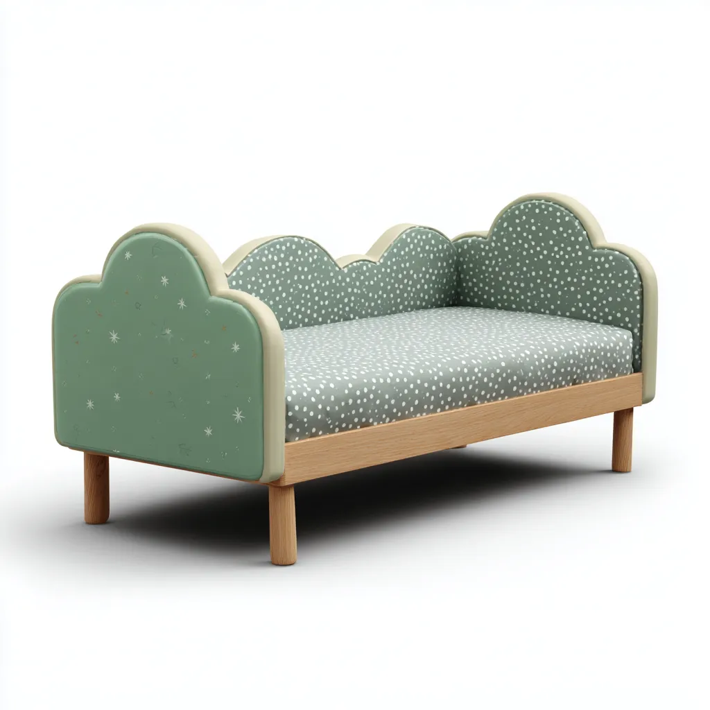 Letto per bambini con bordi ondulati 190x90x100 cm - verde menta-bianco - con testata a forma di nuvola e piedini in legno naturale-Houseure