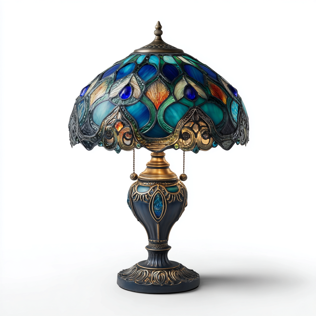 Lampada Tiffany con Paralume Decorativo 30x30x60 cm - Blu e Oro - Stile Art Nouveau e Classico-Houseure