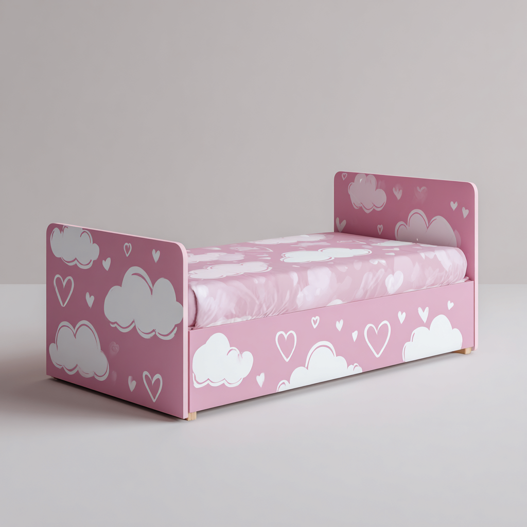 Letto per bambini con cuori e nuvole 190x90x100 cm - rosa-bianco - con testata e sponde decorate-Houseure