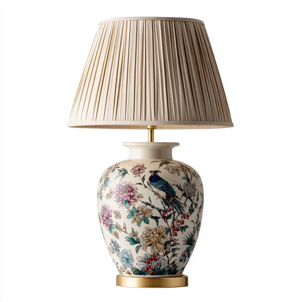 Lampada in ceramica vintage con paralume elegante e decorazioni floreali 30x30x60 cm - bianco-oro - stile classico artistico-Houseure