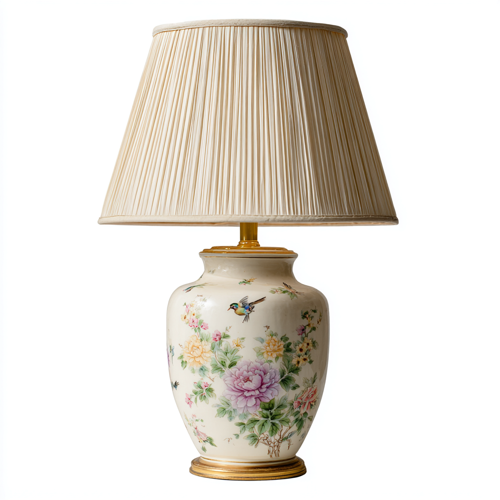 Lampada vintage in ceramica con paralume elegante decorato con fiori 40x25x25 cm - bianco-oro - stile classico con base in ceramica decorata-Houseure