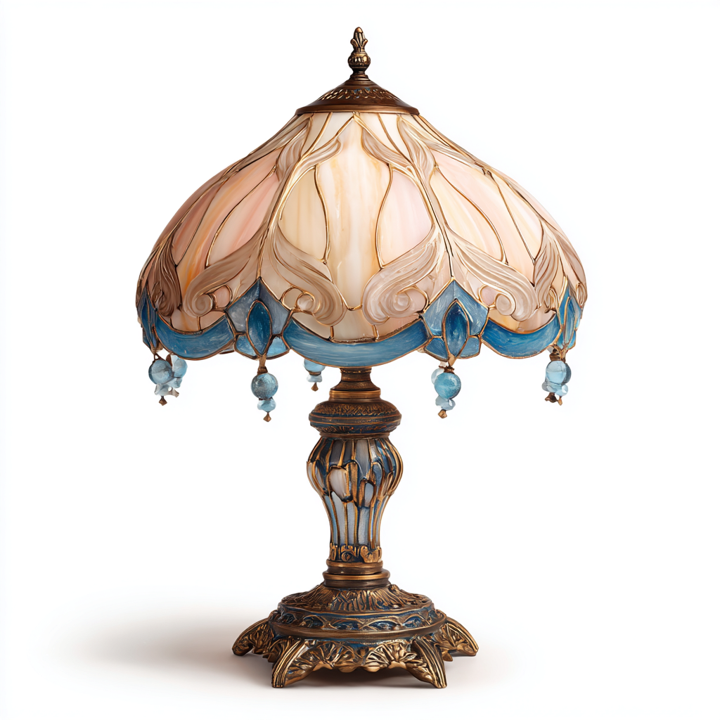 Lampada Tiffany stile con paralume decorato e base in ottone 35x35x65 cm - rosa-azzurro-oro - stile vintage artistico-Houseure