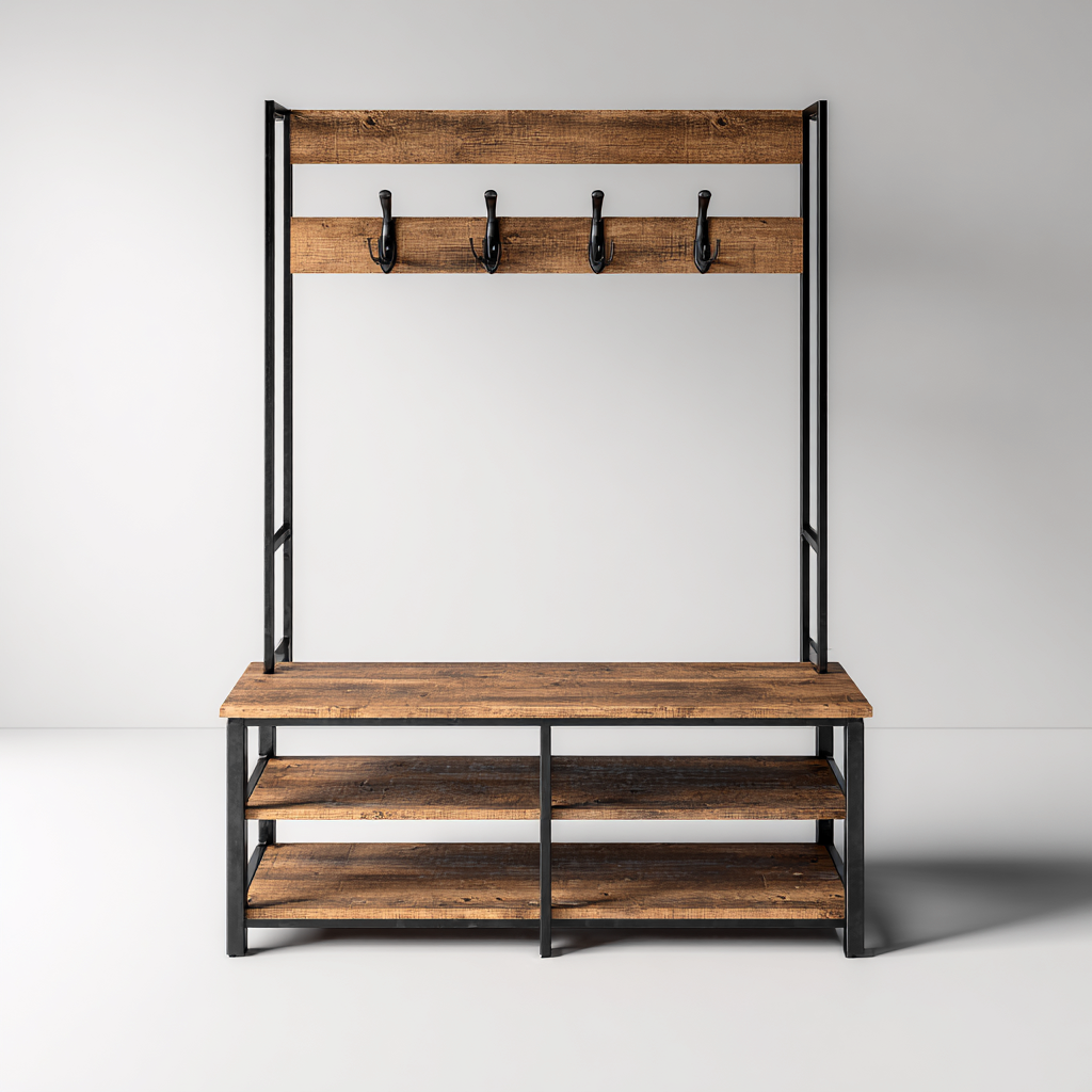 Armadio da ingresso con panca e ripiano per scarpe 120x40x180 cm - Acciaio nero-Legno rustico - Design industriale-Houseure