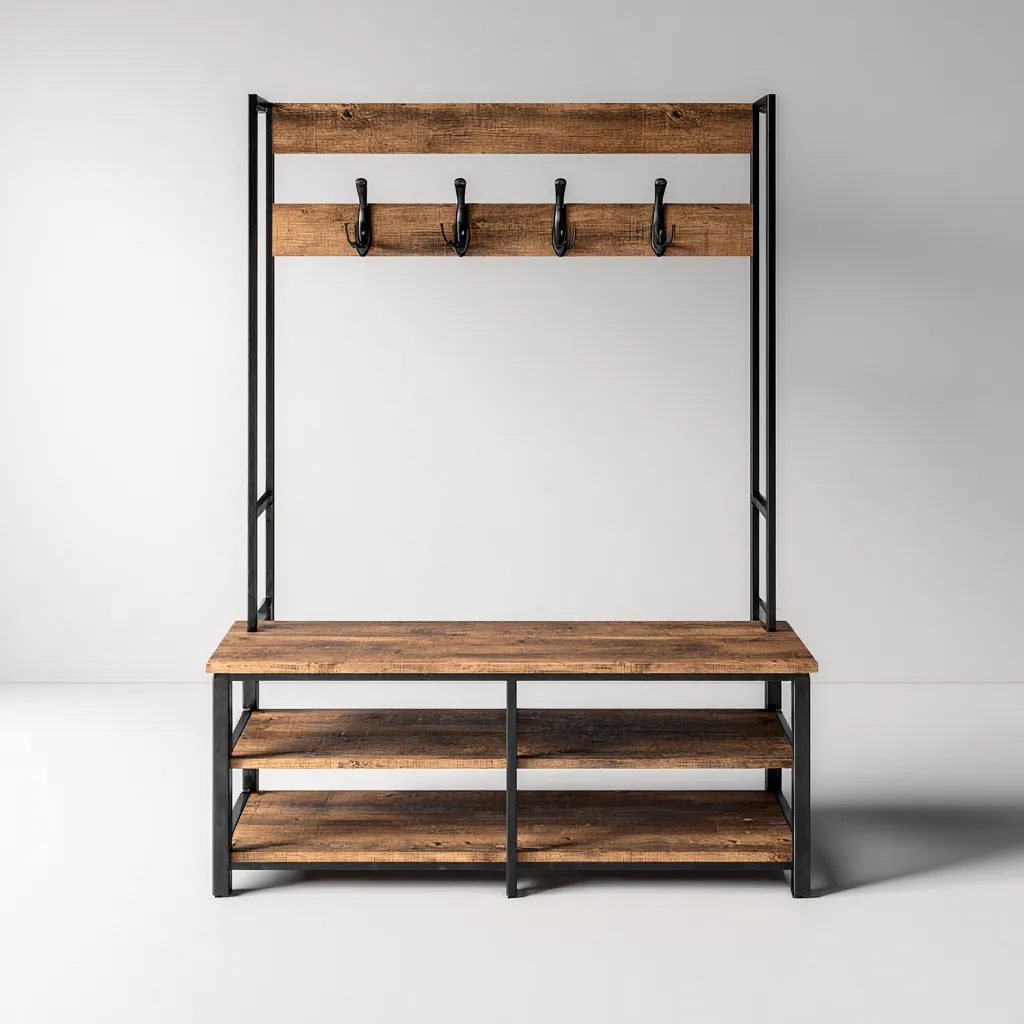 Armadio da ingresso con panca e ripiano per scarpe 120x40x180 cm - Acciaio nero-Legno rustico - Design industriale-Houseure