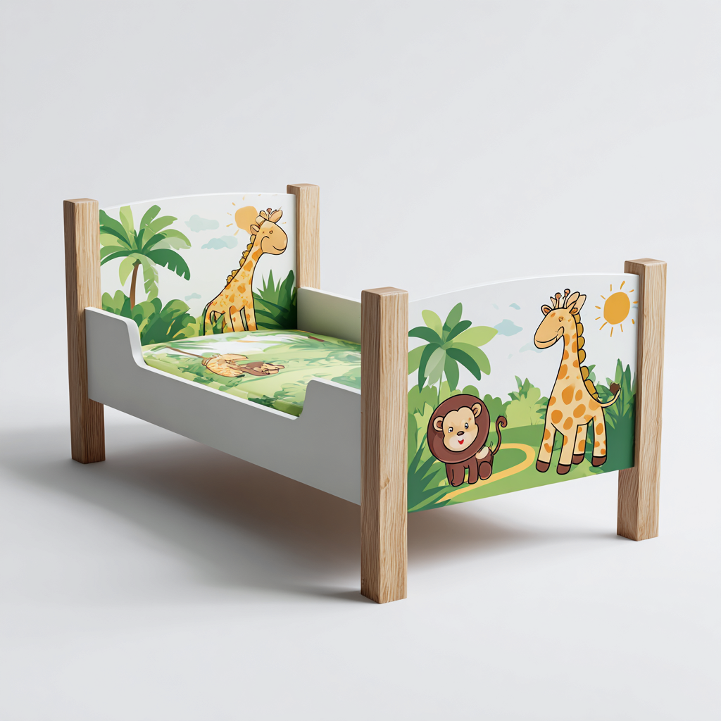 Letto per bambini in legno 120x60x80 cm - bianco-legno - con testata a tema giungla e animali-Houseure