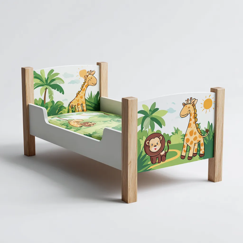 Letto per bambini in legno 120x60x80 cm - bianco-legno - con testata a tema giungla e animali-Houseure