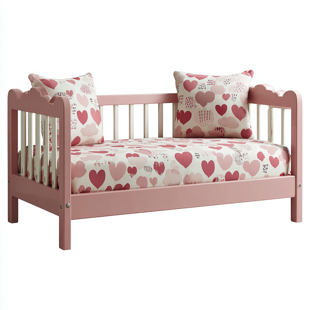 Letto per bambini in legno 120x60x80 cm - rosa-bianco - con testata e pediera a tema cuori e nuvole - biancheria rosa-Houseure