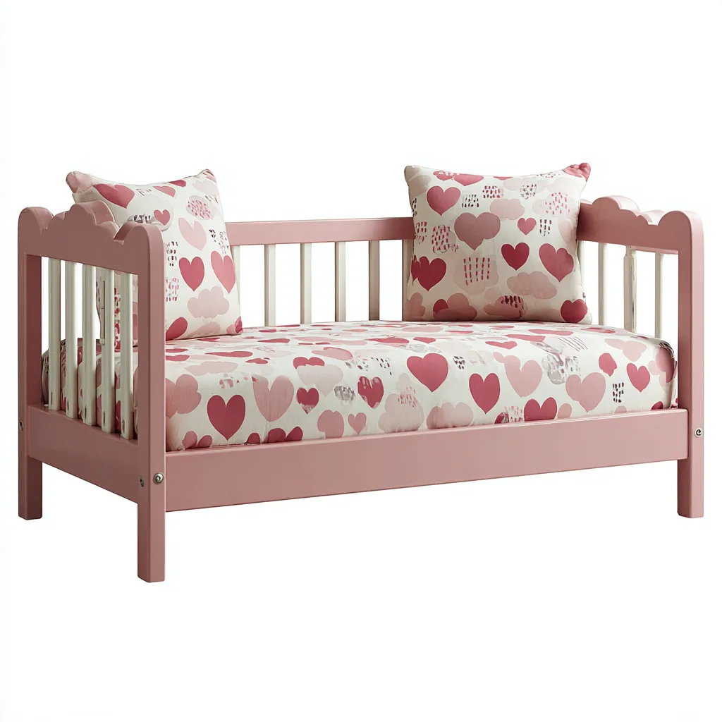 Letto per bambini in legno 120x60x80 cm - rosa-bianco - con testata e pediera a tema cuori e nuvole - biancheria rosa-Houseure
