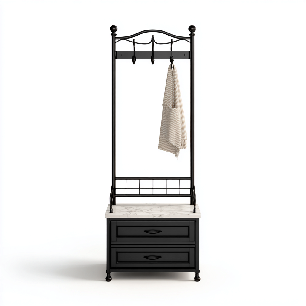 Appendiabiti in metallo nero con piano in marmo 80x40x170 cm - Nero - Bianco - Classico-Houseure