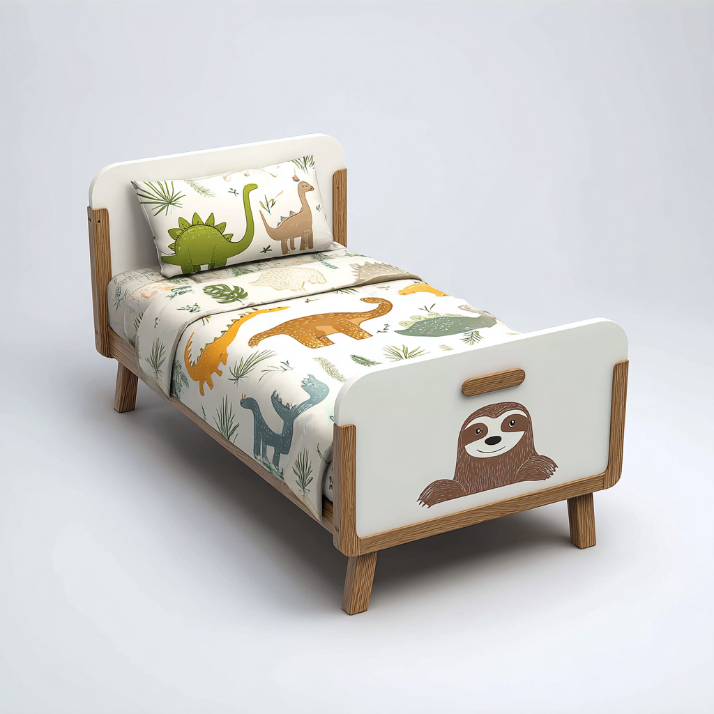 Letto per bambini in legno 160x80x85 cm - bianco-naturale - stile educativo con decorazione dinosauri-Houseure
