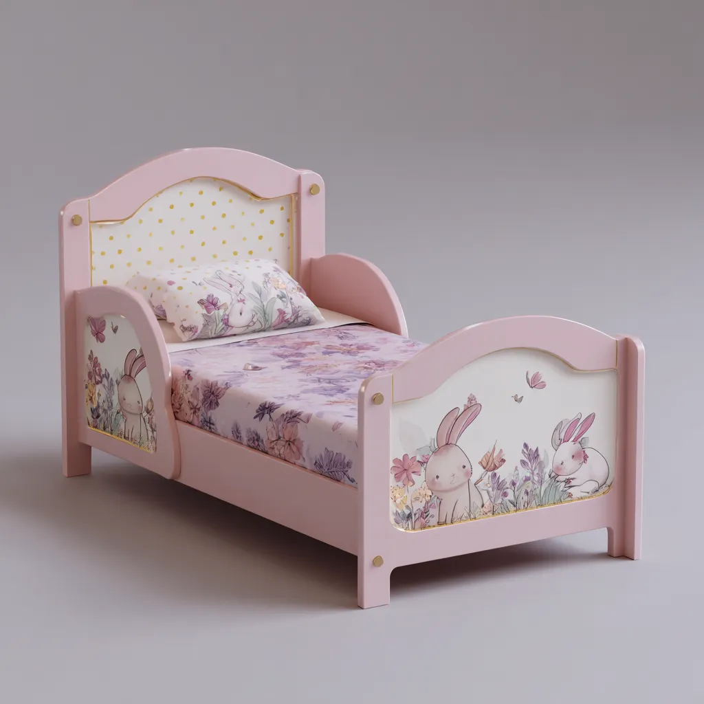 Letto per bambini con coniglietto e fiori 190x90x100 cm - rosa-bianco - con testata decorata e sponde laterali-Houseure