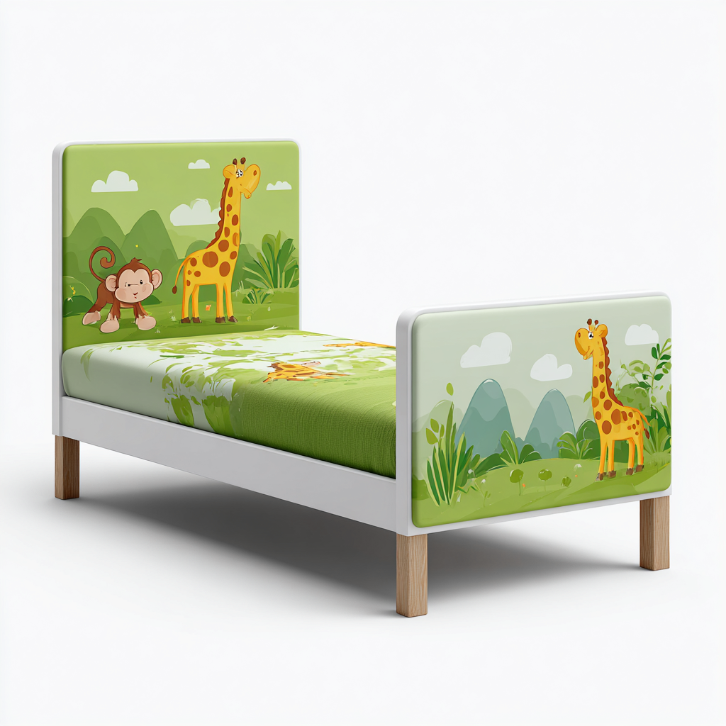 Letto per bambini con giraffa e scimmia 190x90x100 cm - bianco-verde - con testata a tema animali della giungla-Houseure