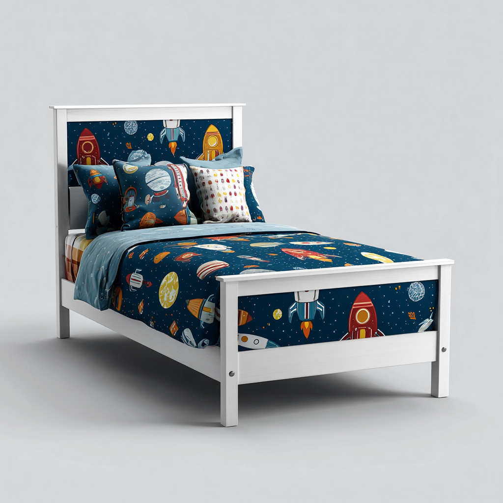 Letto per bambini in legno 120x60x80 cm - bianco - con testata e pediera a tema spaziale - biancheria blu-Houseure