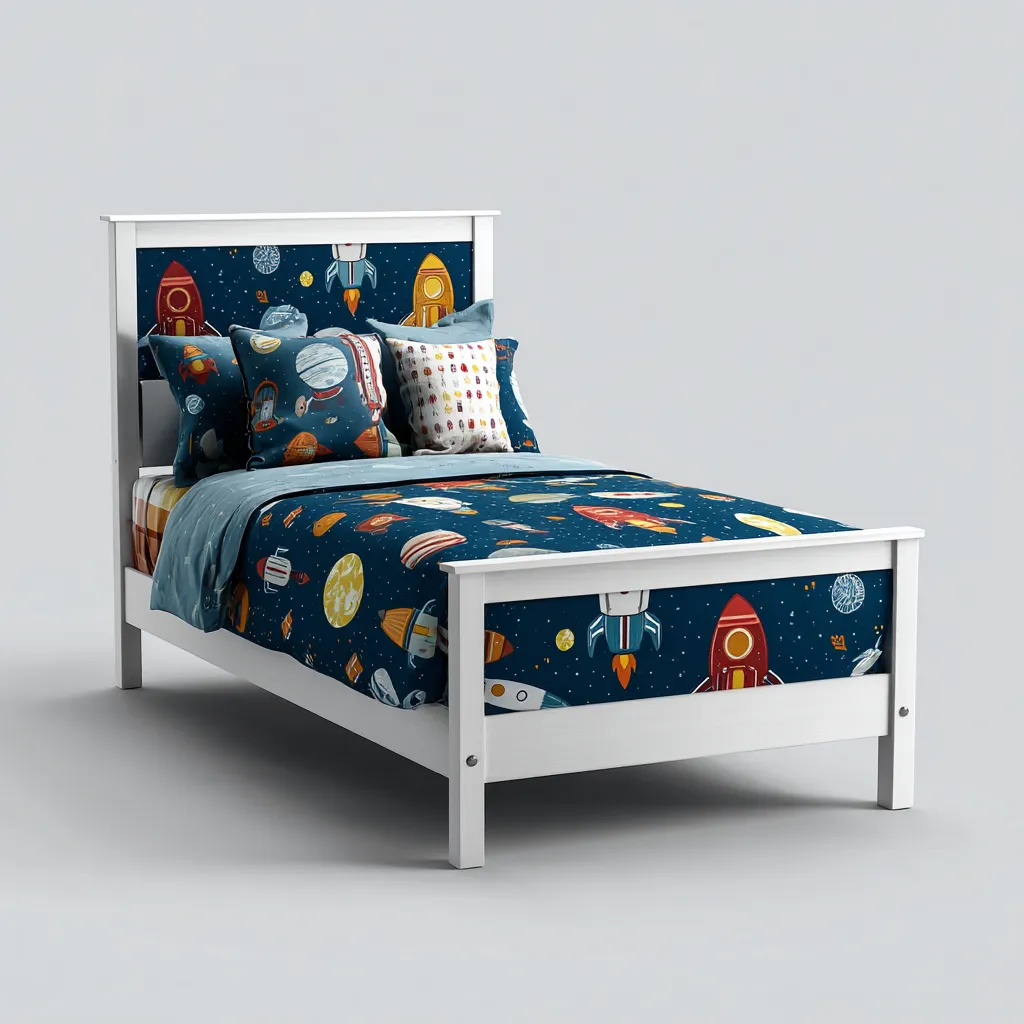 Letto per bambini in legno 120x60x80 cm - bianco - con testata e pediera a tema spaziale - biancheria blu-Houseure