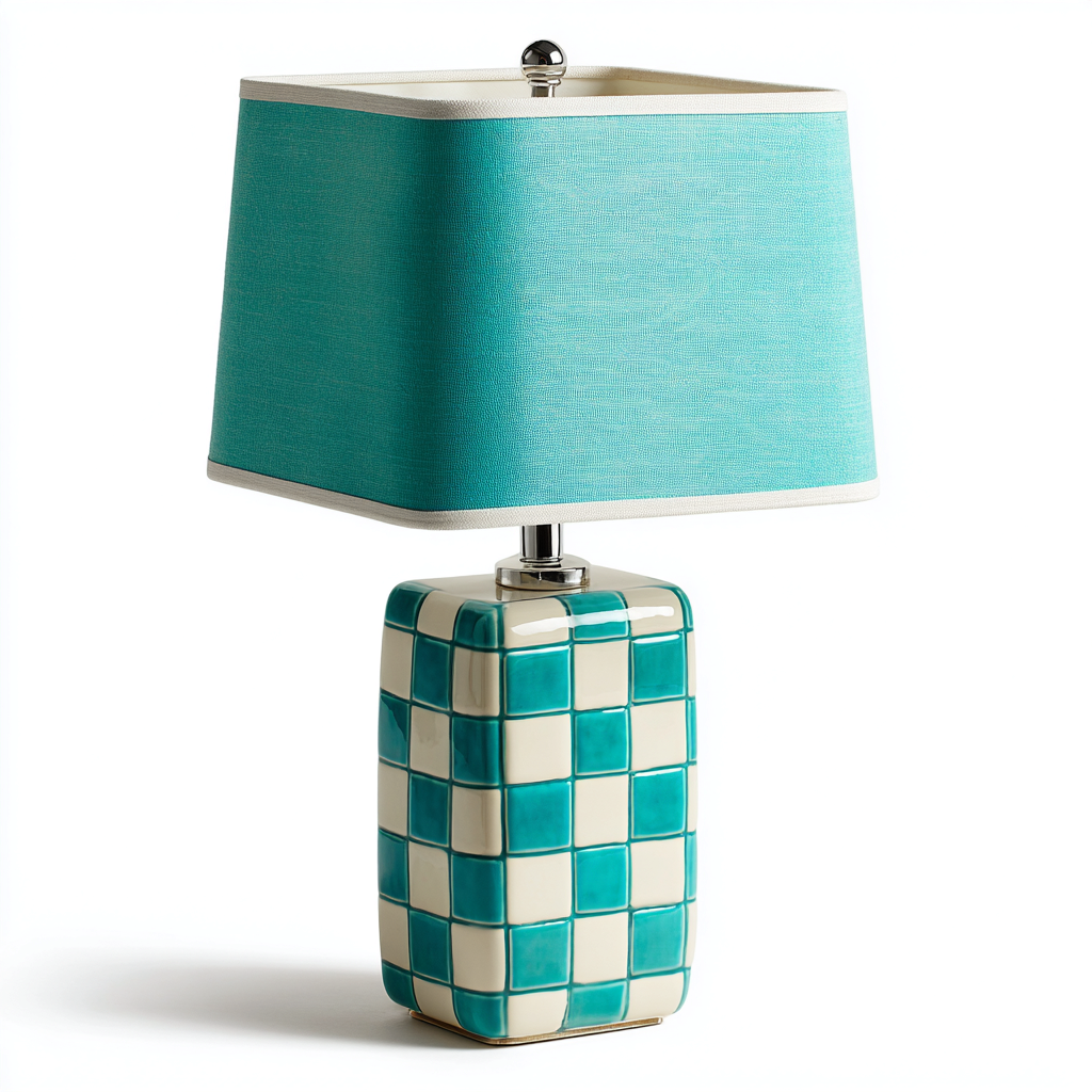 Lampada da Tavolo con base quadrata a scacchi bianchi e turchesi e paralume quadrato 20x20x35 cm - turchese e bianco - stile moderno funzionale-Houseure